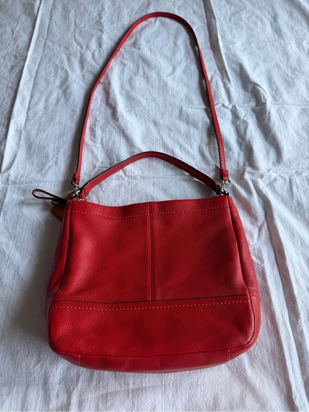 Coach Red Pebbled Leather Shoulder Bag with Tan Charm - Picture 2 of 8